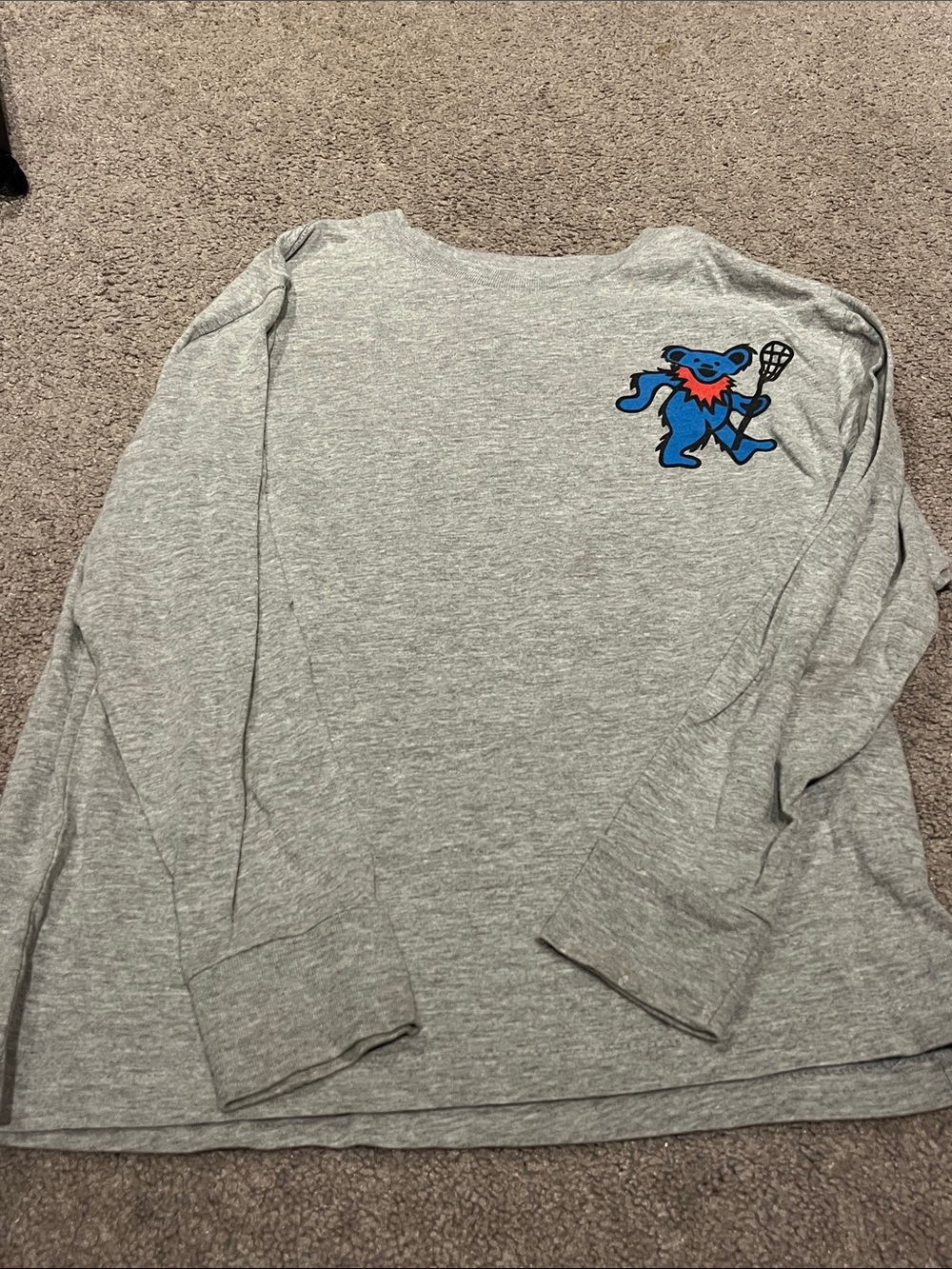 Kids' Long-Sleeve Gray Tee with Blue Bear Lacrosse Graphic